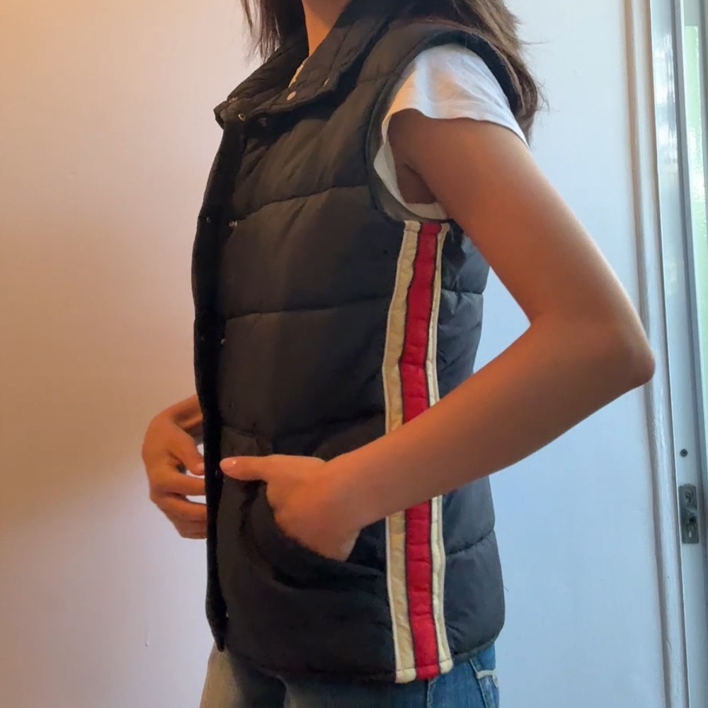 Vintage Black Puffer Vest with Red and White Side Stripes